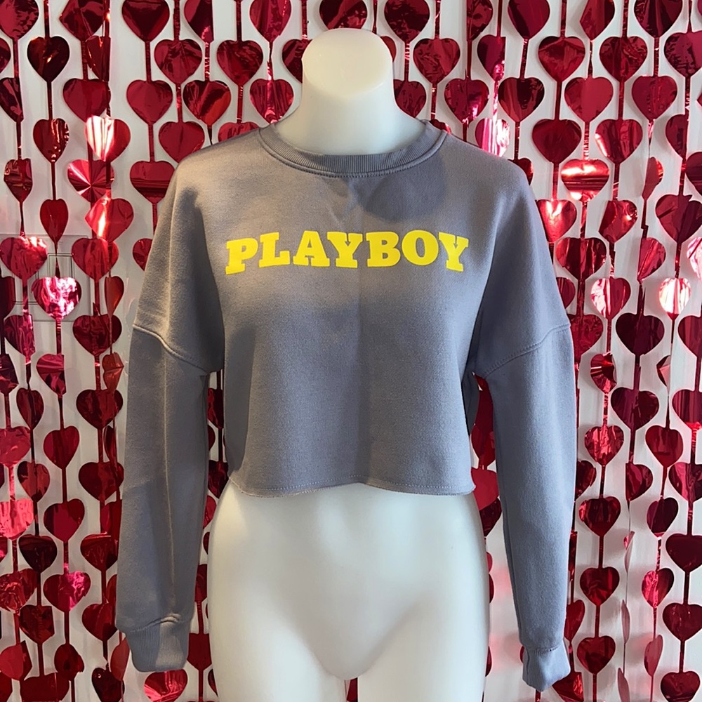 AUTHENTIC PLAYBOY* Gray & Yellow Cropped Sweatshirt